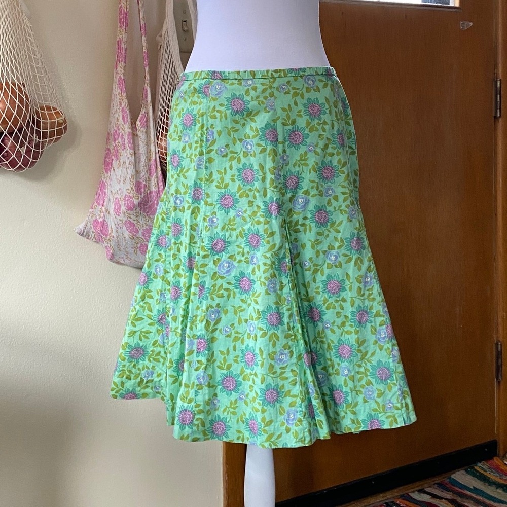 Y2K Garnet Hill Floral Green Cotton A-Line Skirt 12 Femme Twee Spring Pleated‎